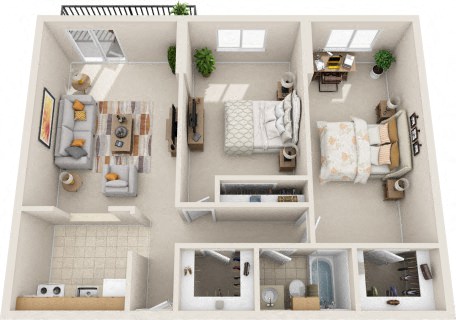Floor plan for 2 beds, 1 bath, 895 sqft
